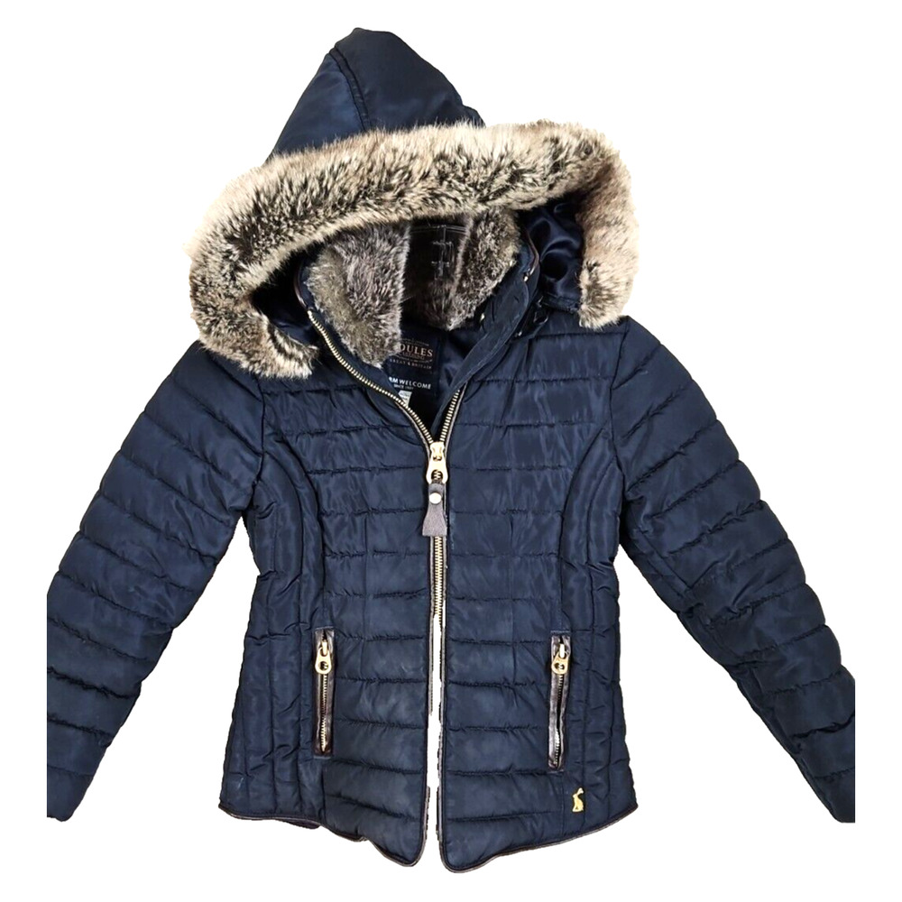 Joules Odrgosfield Coat girls children size 6 black puffer fur hood detachable